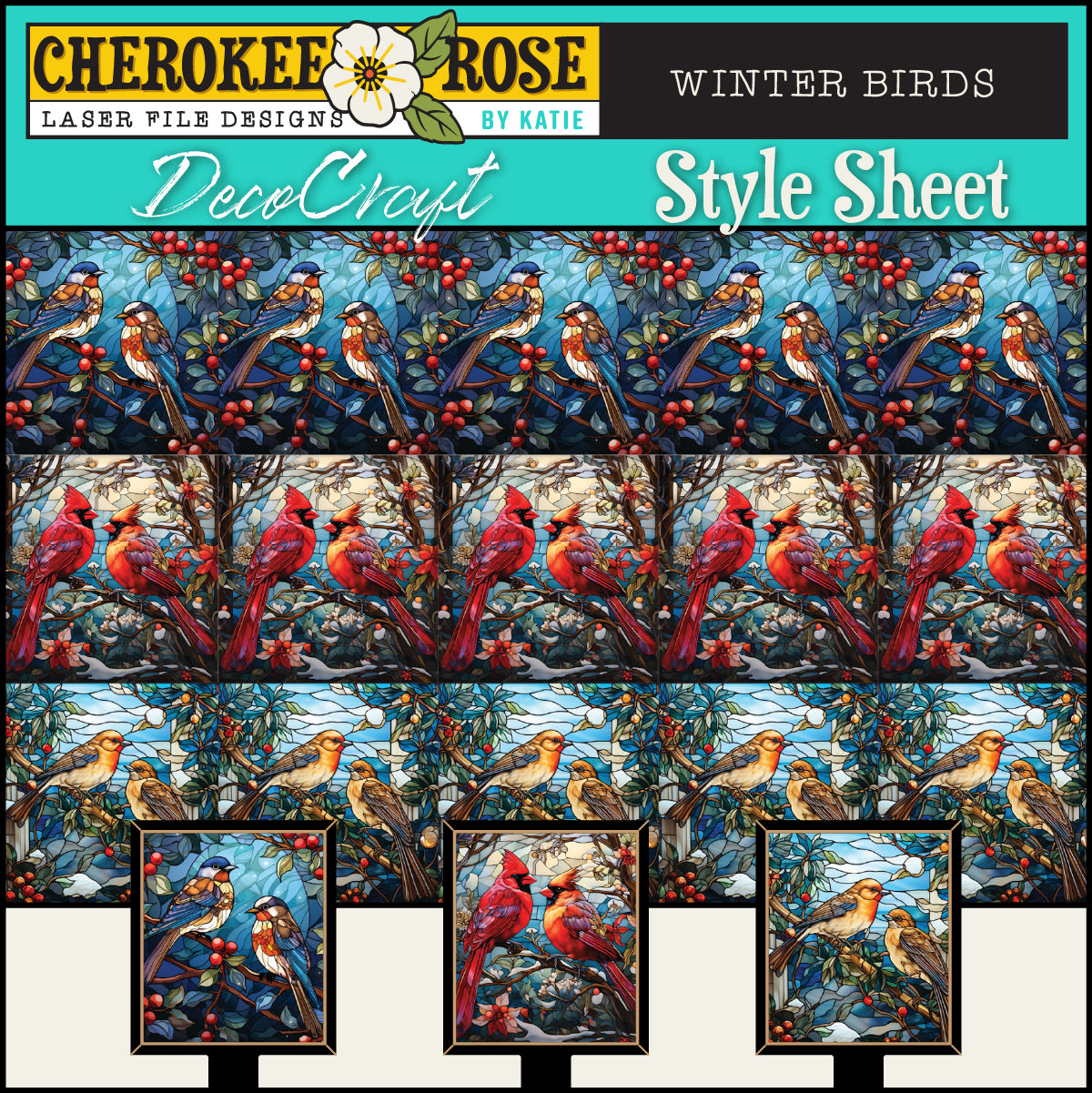 DecoCraft - Elevated Texture - Cherokee Rose - Realistic Stained Glass - Winter Birds
