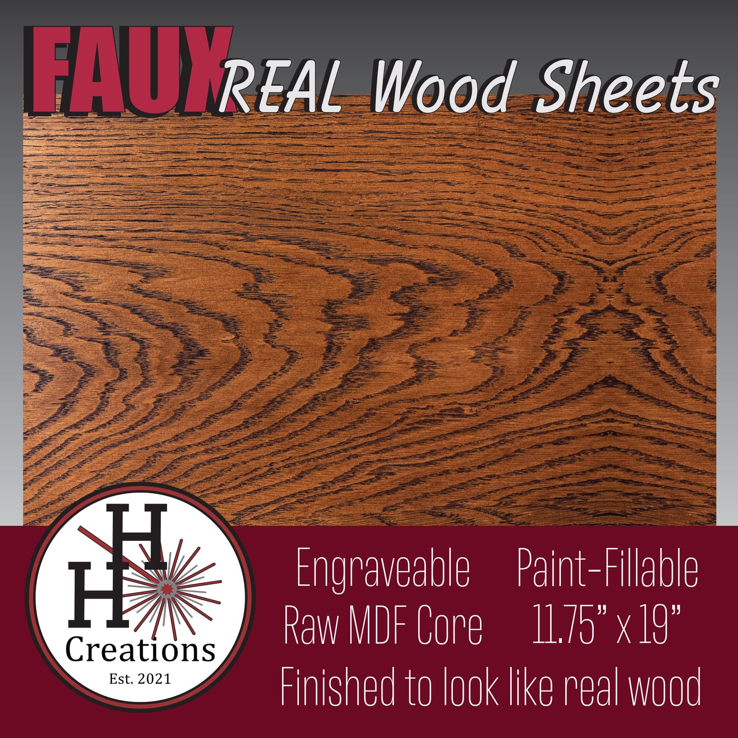 1/8" - Faux-Real Clear Coated Wood - Dark Oak - 11.75" x 19"