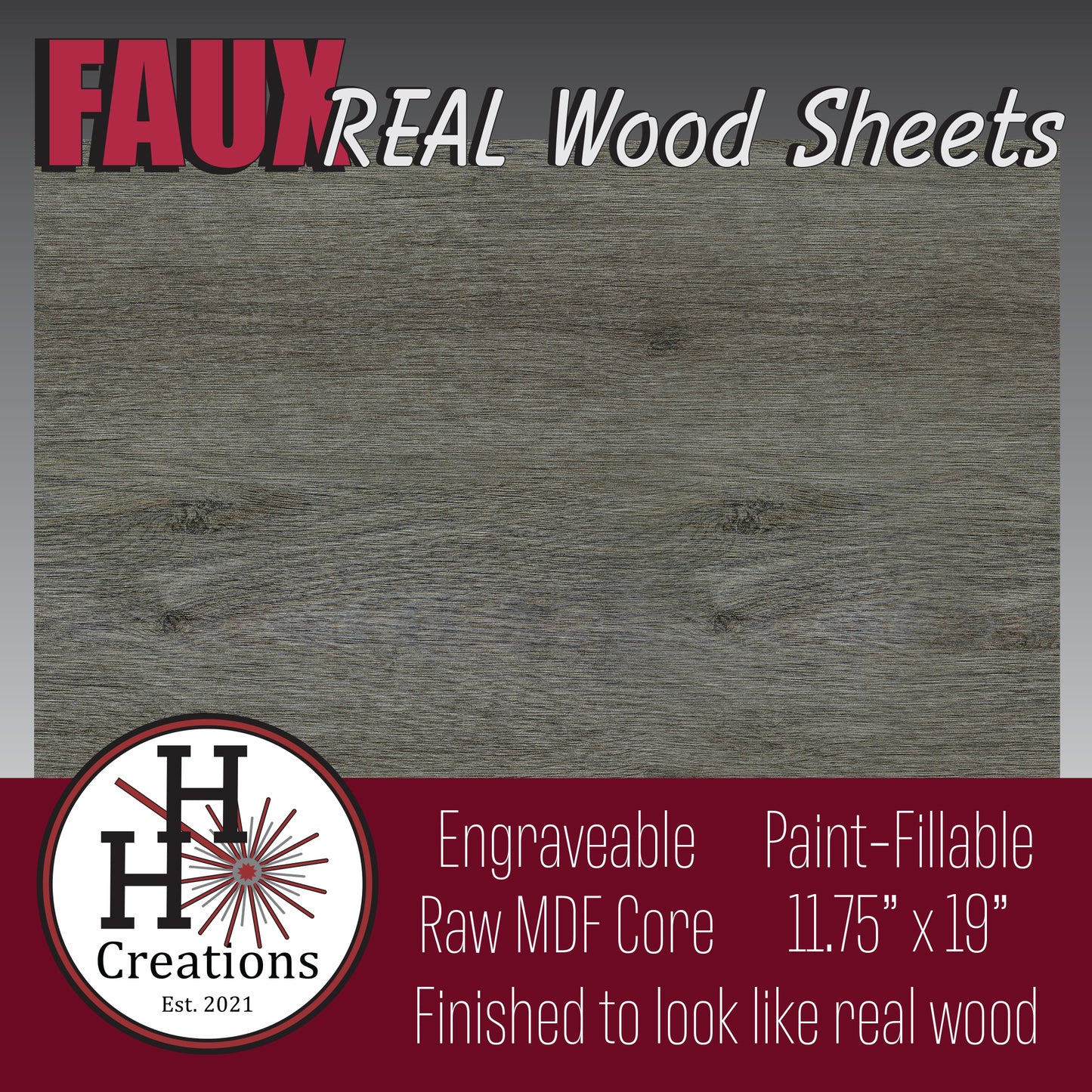 1/8" - Faux-Real Clear Coated Wood - Weathered Charcoal - 11.75" x 19"