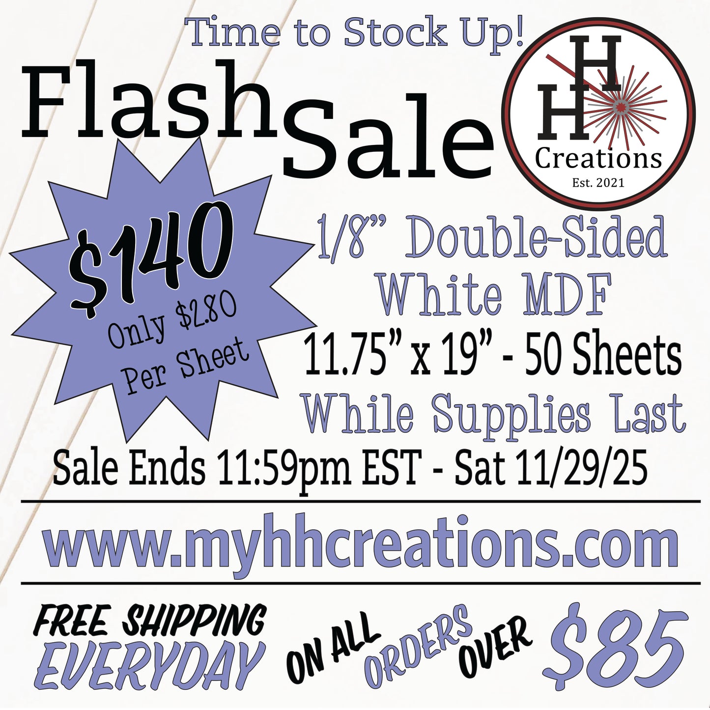 Flash Sale - 1/8" Premium White Double-Sided MDF Draft Board - 11.75" x 19" - $140 - Price will reflect in checkout
