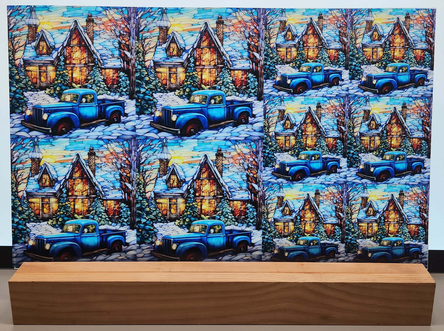 DecoCraft - Elevated Texture - Cherokee Rose - Realistic Stained Glass - Winter Trucks - Blue
