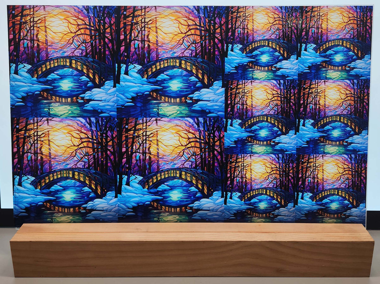 DecoCraft - Elevated Texture - Cherokee Rose - Realistic Stained Glass - Winter Landscape - Bridge