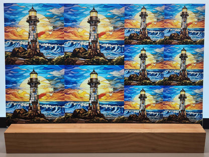 DecoCraft - Elevated Texture - Cherokee Rose - Realistic Stained Glass - Stone Lighthouse