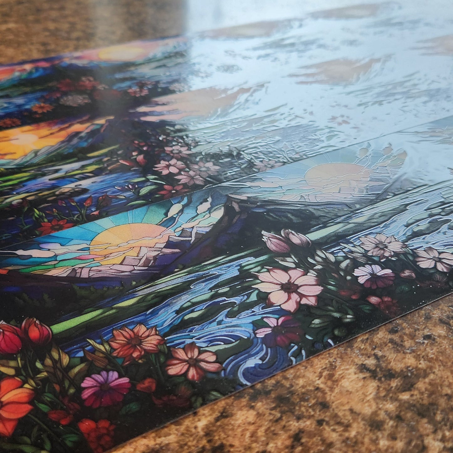 DecoCraft - Elevated Texture - Cherokee Rose - Realistic Stained Glass - Mountain Sunset