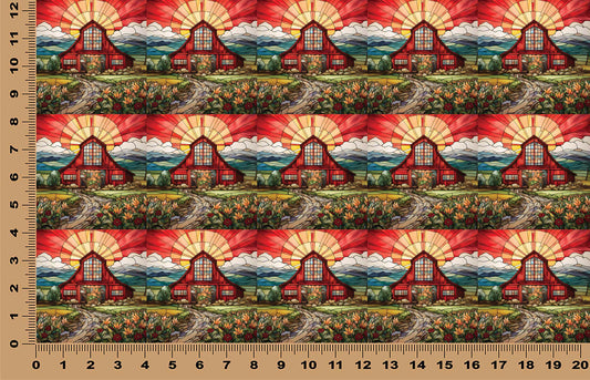 DecoCraft - Elevated Texture - Realistic Stained Glass - Red Barn Sunrise