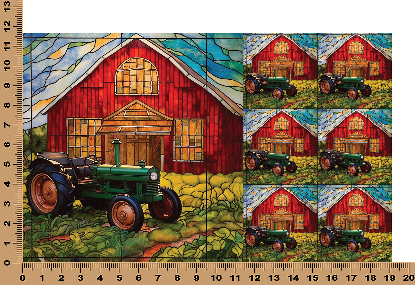 DecoCraft - Elevated Texture - Cherokee Rose - Realistic Stained Glass - Red Barn & Tractor
