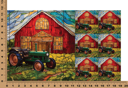 DecoCraft - Elevated Texture - Cherokee Rose - Realistic Stained Glass - Red Barn & Tractor