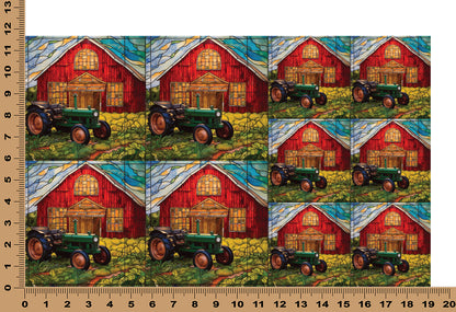 DecoCraft - Elevated Texture - Cherokee Rose - Realistic Stained Glass - Red Barn & Tractor