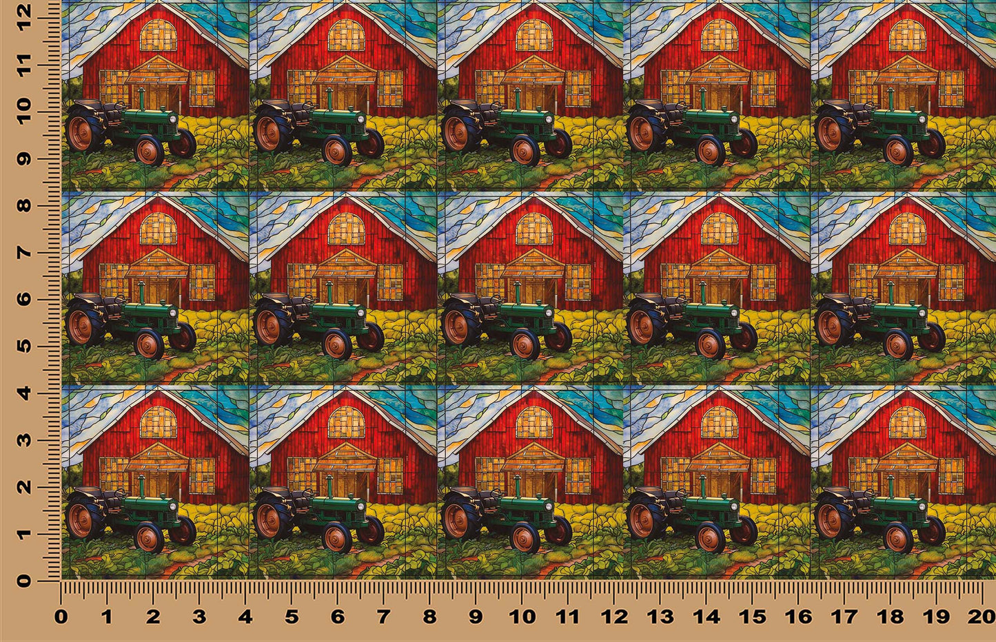 DecoCraft - Elevated Texture - Cherokee Rose - Realistic Stained Glass - Red Barn & Tractor