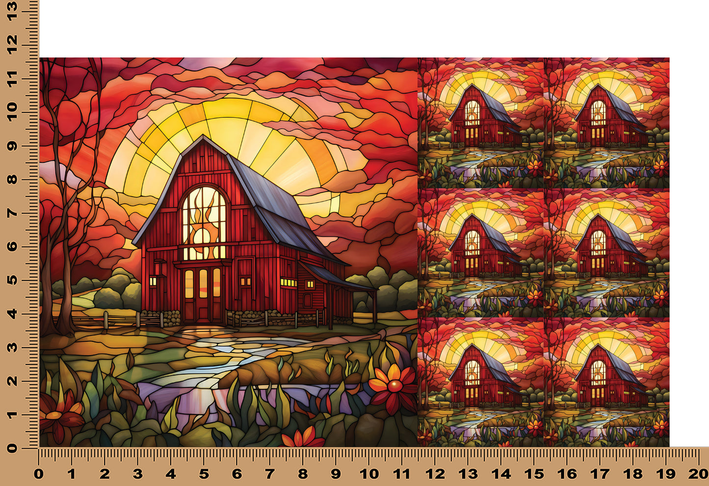 DecoCraft - Elevated Texture - Cherokee Rose - Realistic Stained Glass - Tall Red Barn