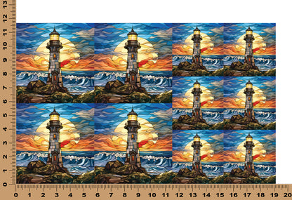 DecoCraft - Elevated Texture - Cherokee Rose - Realistic Stained Glass - Stone Lighthouse