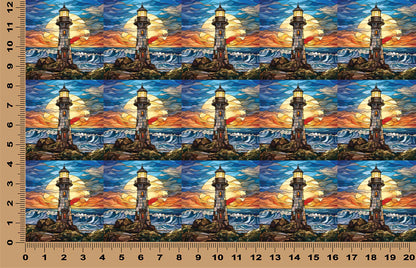 DecoCraft - Elevated Texture - Cherokee Rose - Realistic Stained Glass - Stone Lighthouse