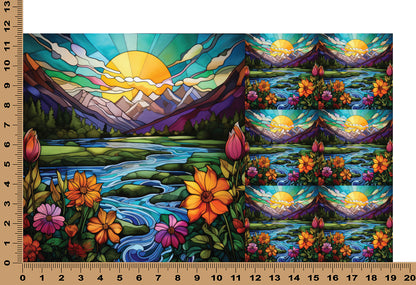DecoCraft - Elevated Texture - Cherokee Rose - Realistic Stained Glass - Mountain Sunset - Teal