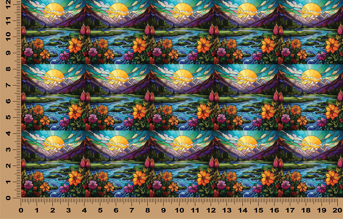 DecoCraft - Elevated Texture - Cherokee Rose - Realistic Stained Glass - Mountain Sunset - Teal