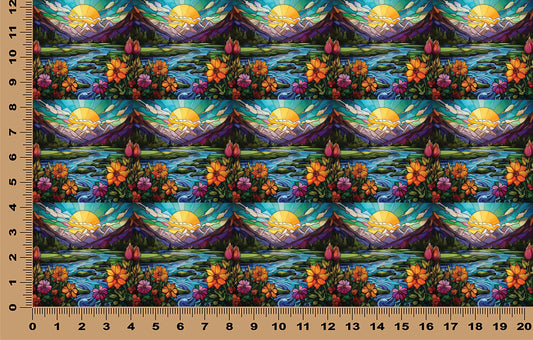DecoCraft - Elevated Texture - Realistic Stained Glass - Mountain Sunset - Teal