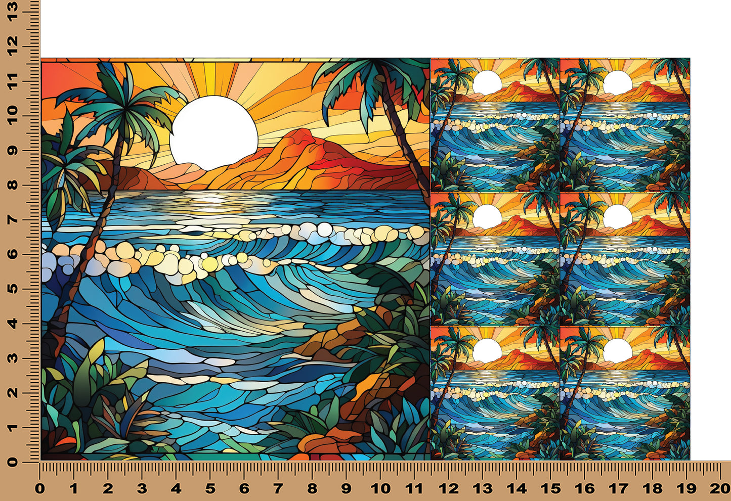 DecoCraft - Elevated Texture - Cherokee Rose - Realistic Stained Glass - Ocean Sunset - Orange Sky