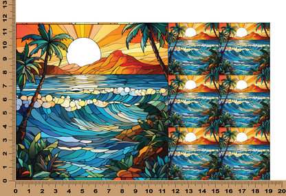 DecoCraft - Elevated Texture - Cherokee Rose - Realistic Stained Glass - Ocean Sunset - Orange Sky
