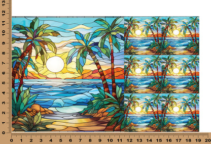 DecoCraft - Elevated Texture - Cherokee Rose - Realistic Stained Glass - Ocean Sunset - Blue Sky