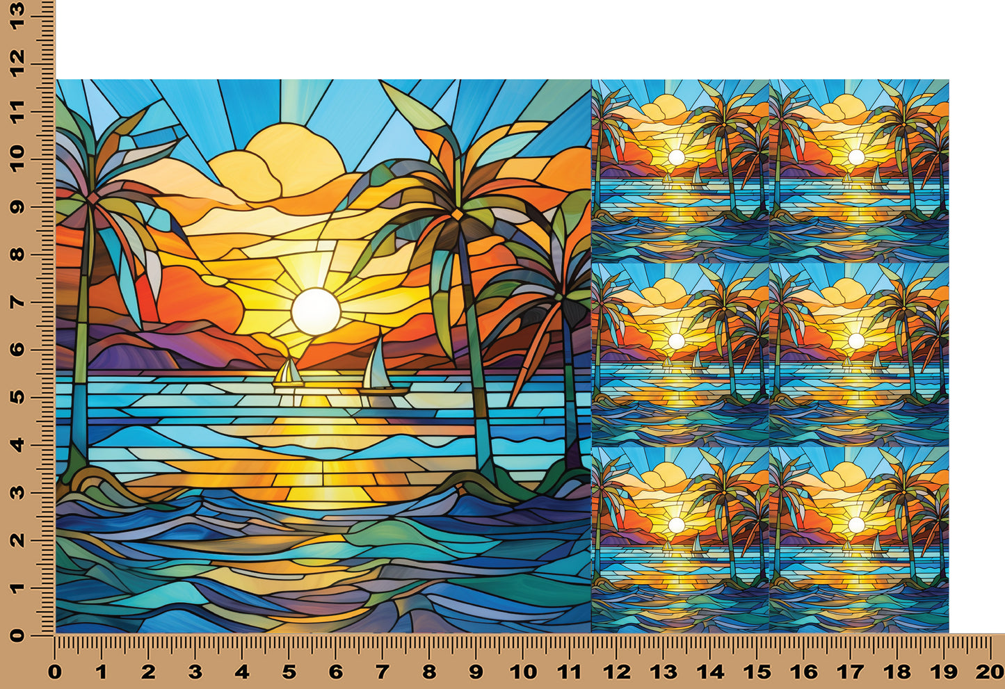 DecoCraft - Elevated Texture - Cherokee Rose - Realistic Stained Glass - Ocean Sunset - Sailboats