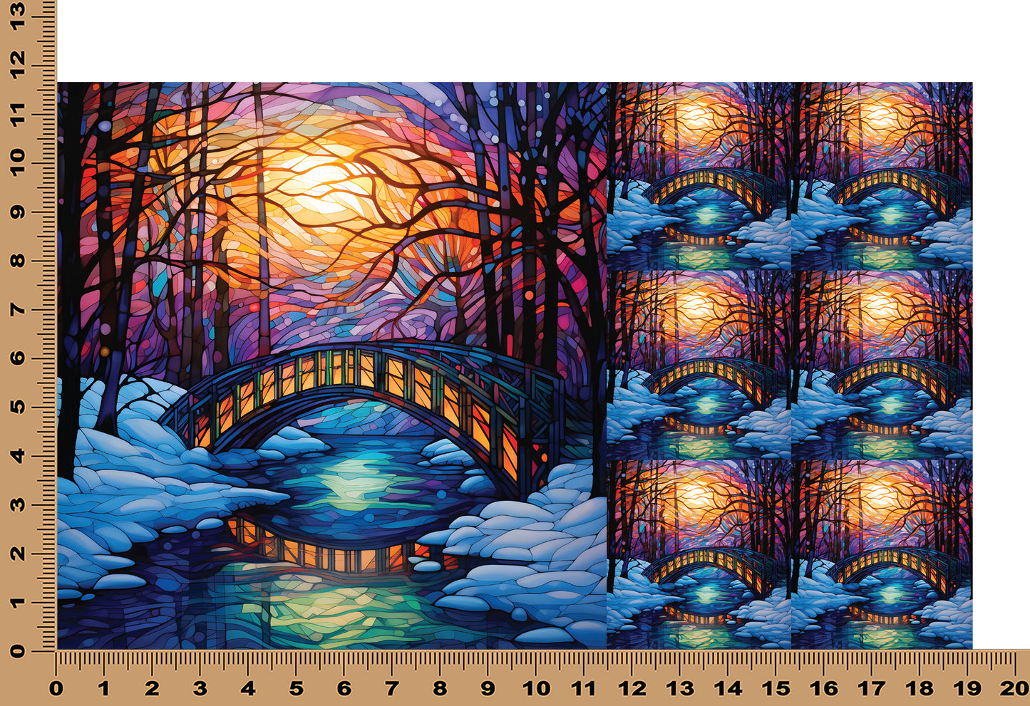 DecoCraft - Elevated Texture - Cherokee Rose - Realistic Stained Glass - Winter Landscape - Bridge