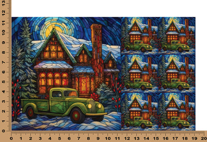 DecoCraft - Elevated Texture - Cherokee Rose - Realistic Stained Glass - Winter Trucks - Green