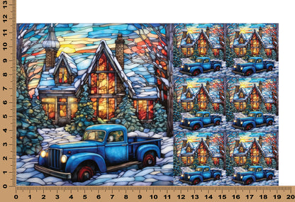 DecoCraft - Elevated Texture - Cherokee Rose - Realistic Stained Glass - Winter Trucks - Blue