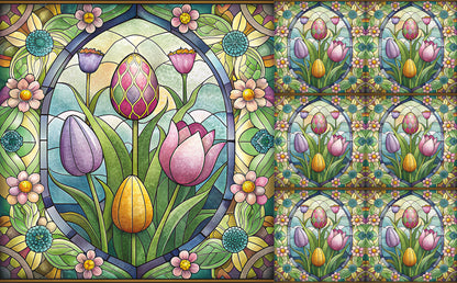 DecoCraft - Elevated Texture - Cherokee Rose - Realistic Stained Glass - Blooms & Bunny - Tulips