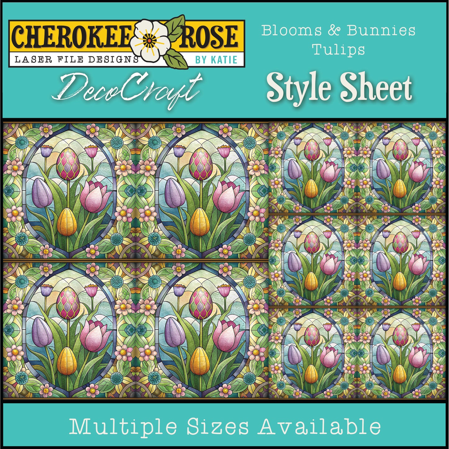 DecoCraft - Elevated Texture - Cherokee Rose - Realistic Stained Glass - Blooms & Bunny - Tulips
