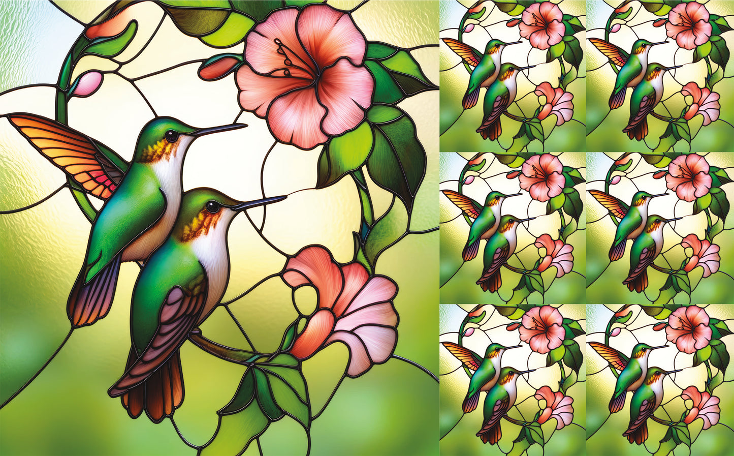 DecoCraft - Elevated Texture - Cherokee Rose - Realistic Stained Glass - Blooms & Bunny - Humming Birds