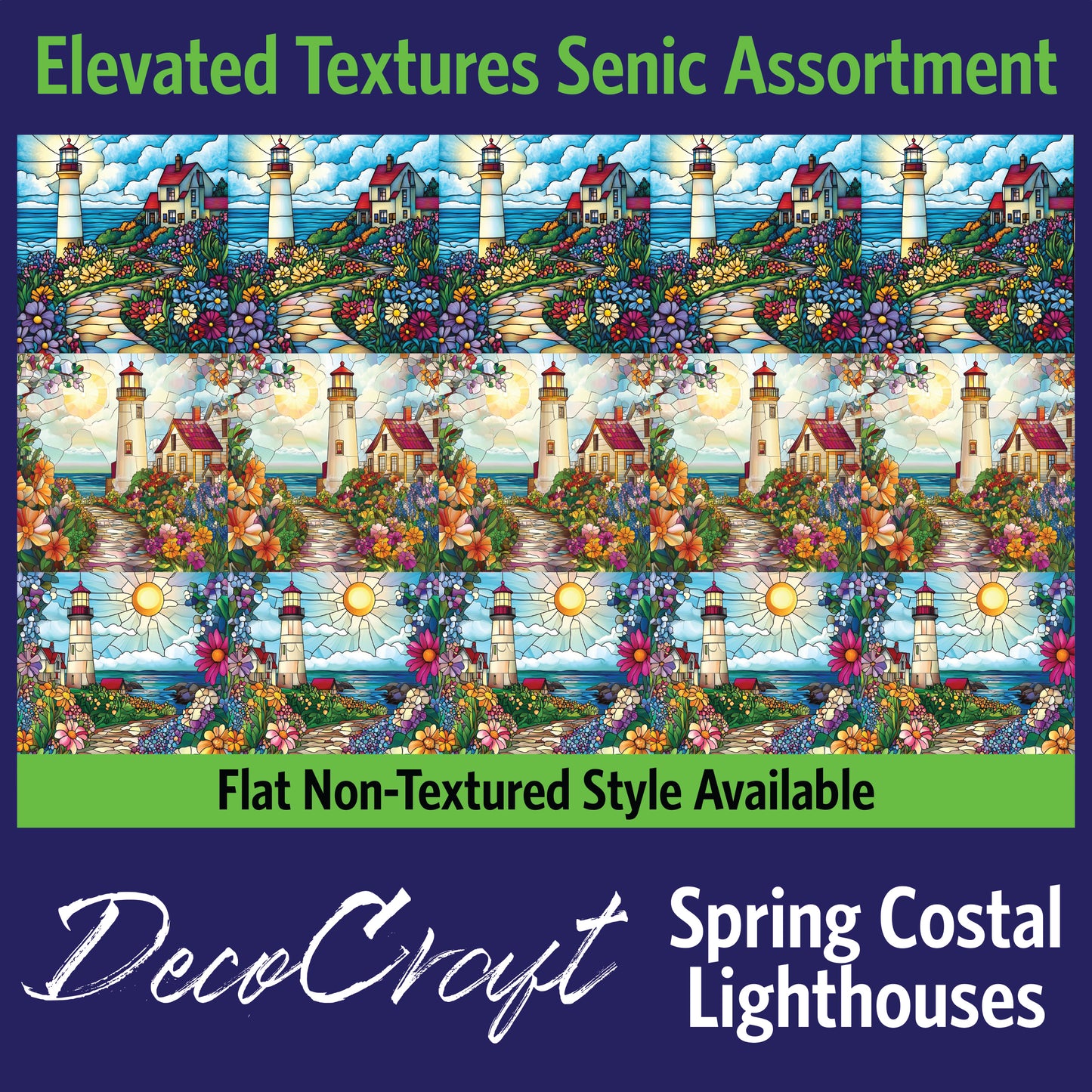 DecoCraft - Scenic Elevated Texture Tiles - Realistic Stained Glass - Spring Coastal Lighthouses