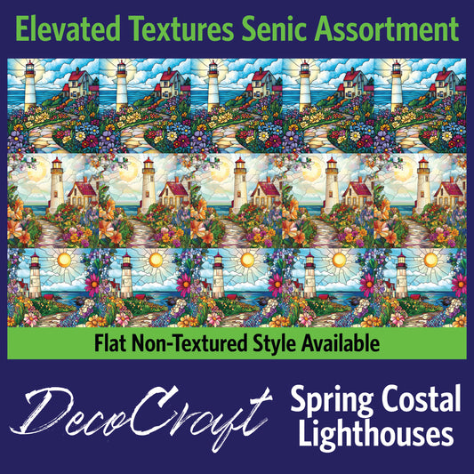 DecoCraft - Scenic Elevated Texture Tiles - Realistic Stained Glass - Spring Coastal Lighthouses