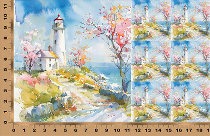 DecoCraft - Scenic Tiles Series - Watercolor Lighthouses - Blossoms by the Beacon