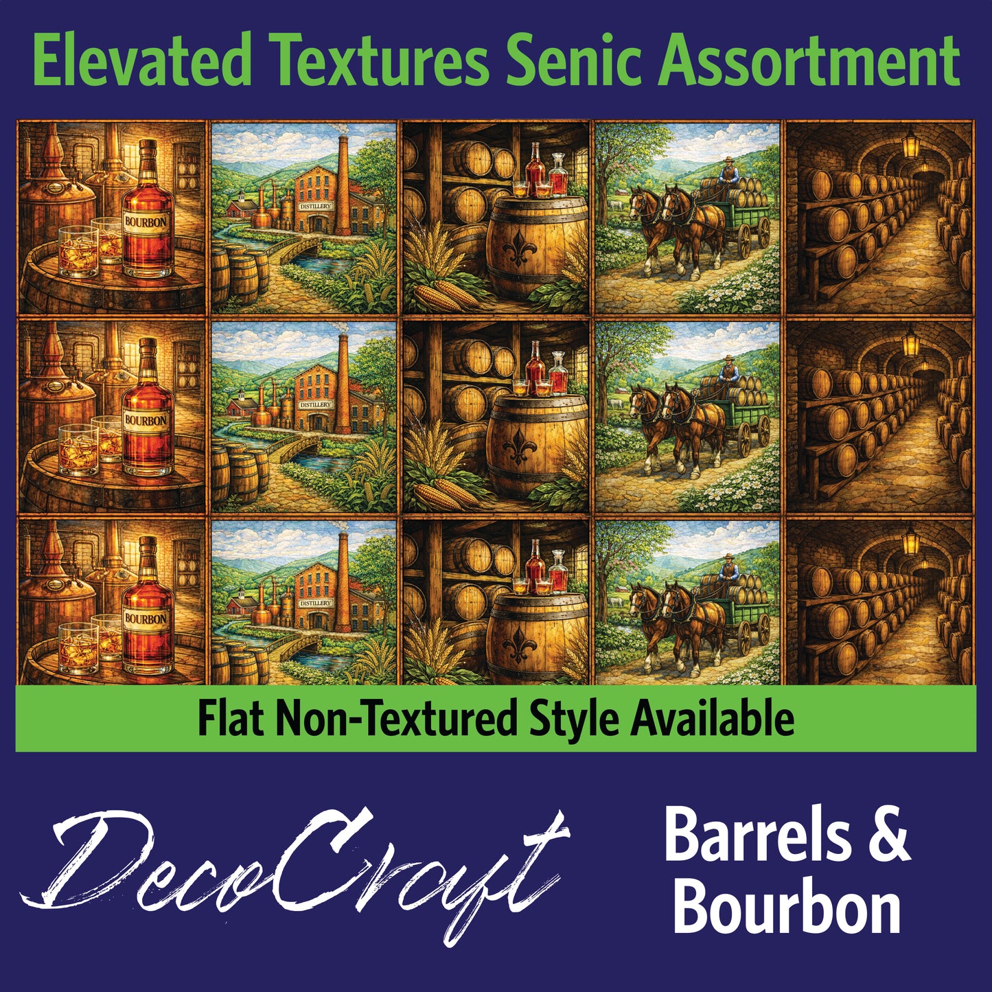 DecoCraft - Scenic Elevated Texture Tiles - Realistic Stained Glass - Barrels & Bourbon
