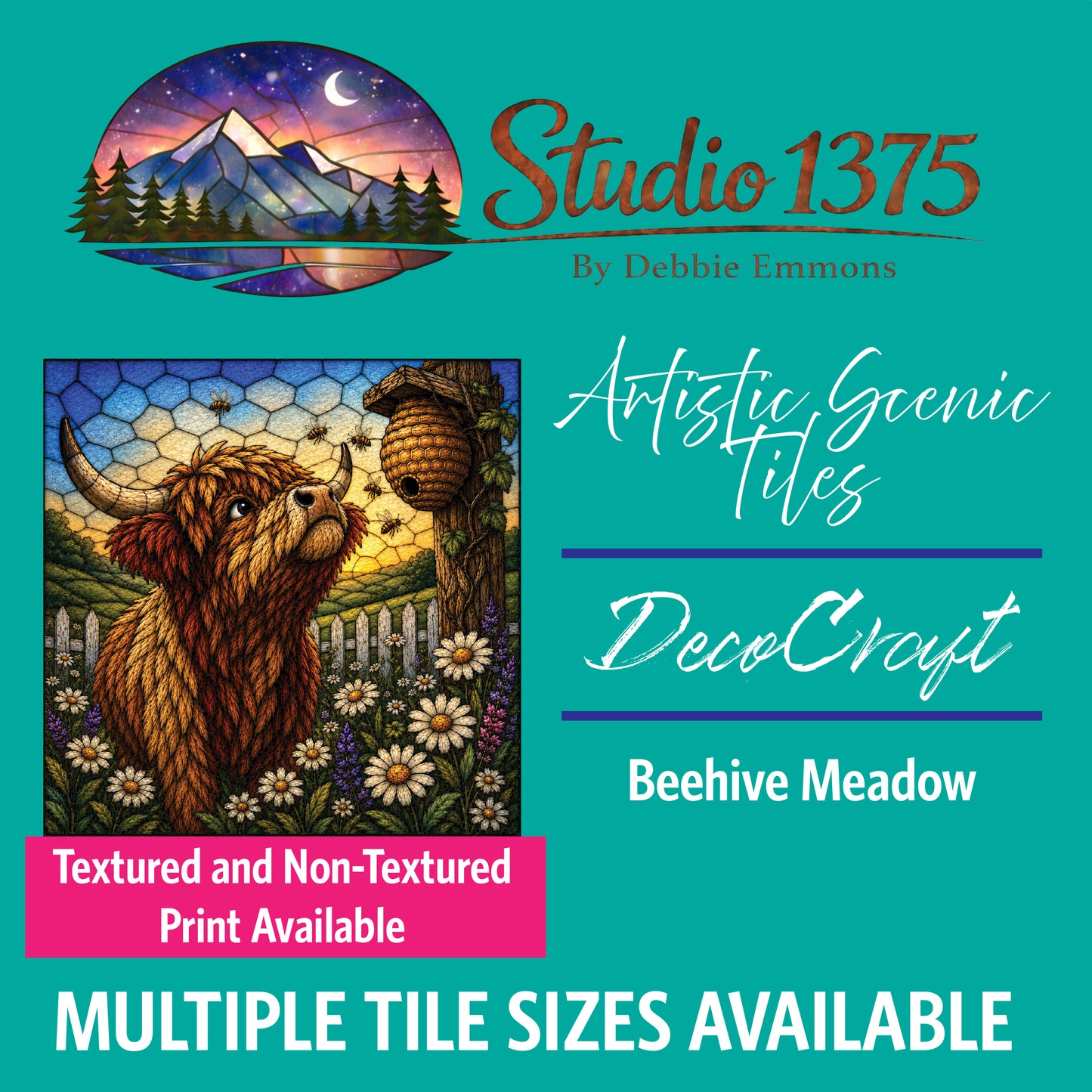 DecoCraft - Studio 1375 - Scenic Elevated Texture Tiles - Beehive Meadow Highland Cow
