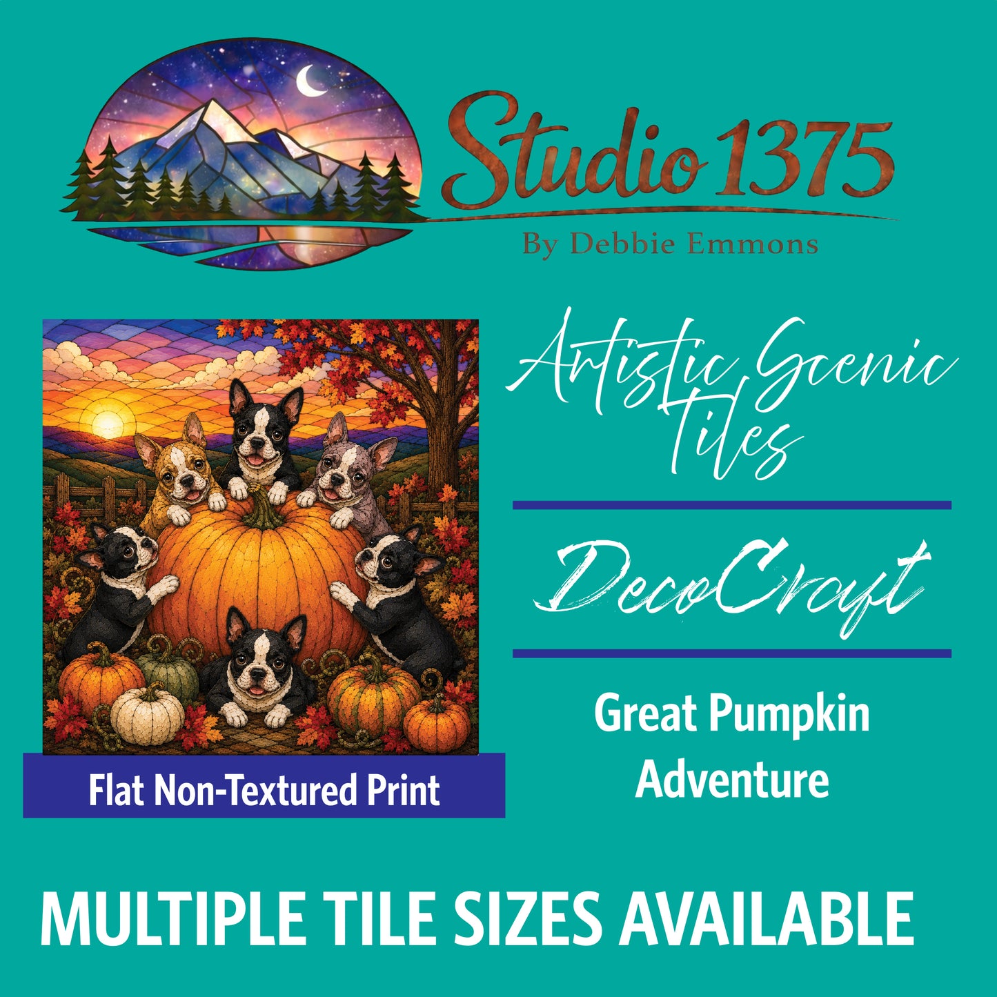 DecoCraft - Studio 1375 - Scenic Tiles Series - Boston Terrier Adventures - Great Pumpkin Adventure