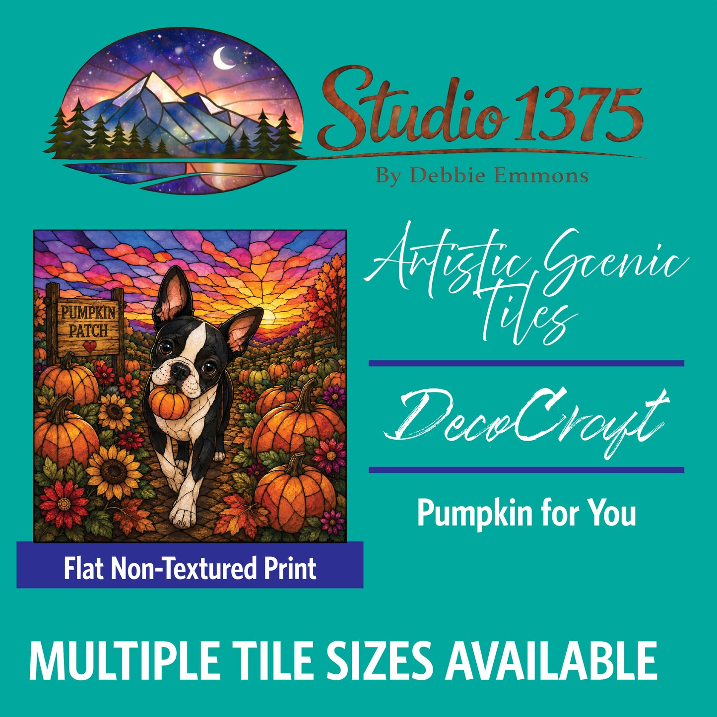 DecoCraft - Studio 1375 - Scenic Tiles Series - Boston Terrier Adventures - A Pumpkin for You