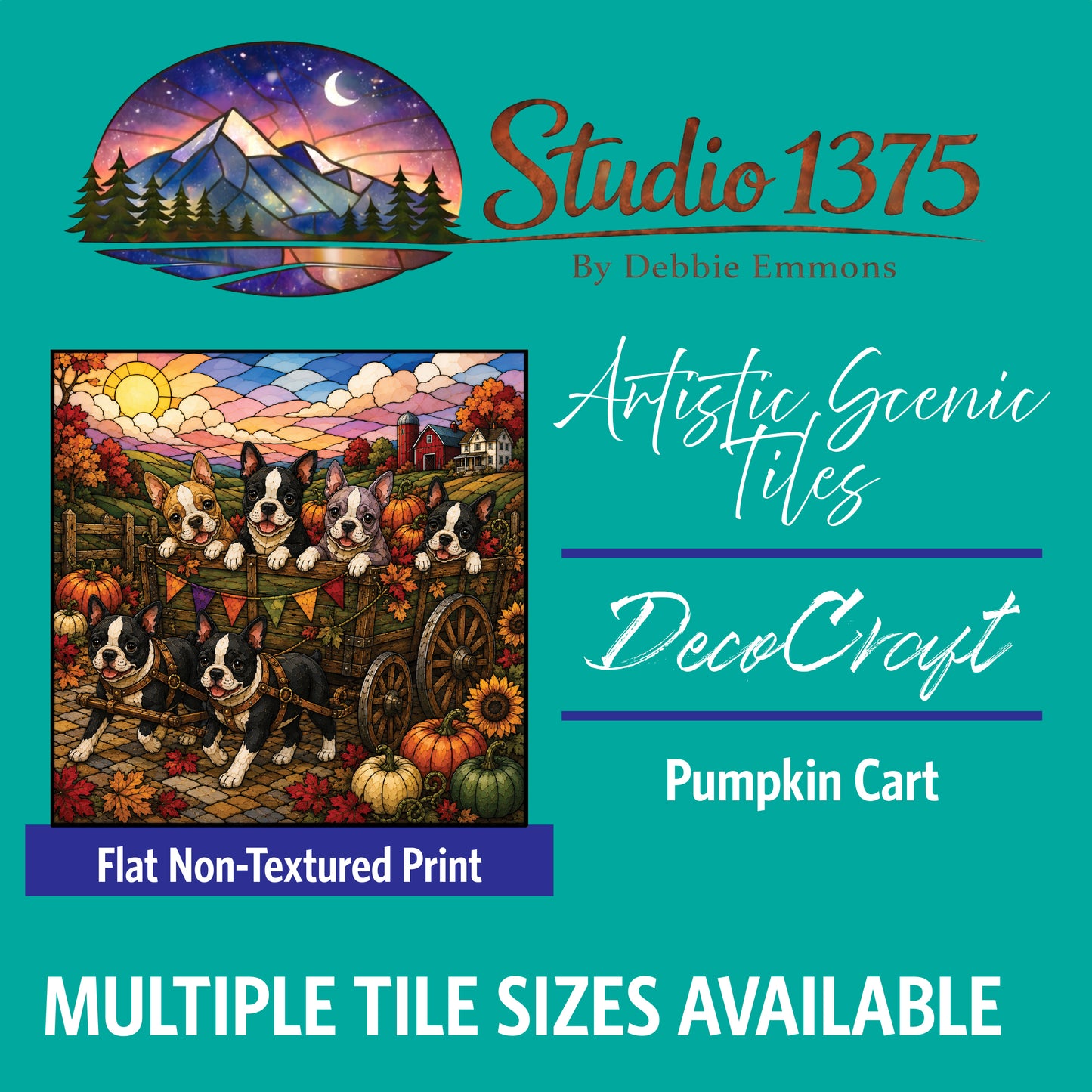 DecoCraft - Studio 1375 - Scenic Tiles Series - Boston Terrier Adventures - Pumpkin Cart