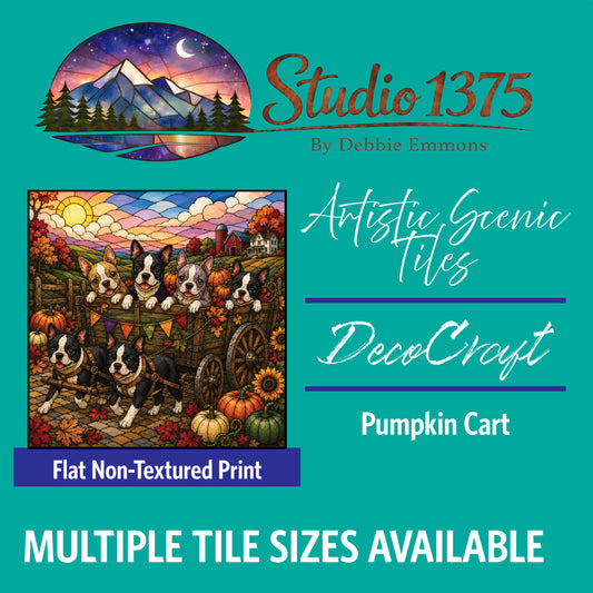 DecoCraft - Studio 1375 - Scenic Tiles Series - Boston Terrier Adventures - Pumpkin Cart
