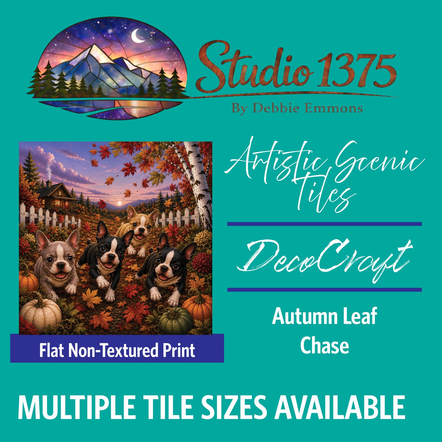 DecoCraft - Studio 1375 - Scenic Tiles Series - Boston Terrier Adventures - Autumn Leaf Chase