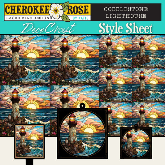 DecoCraft - Elevated Texture - Cherokee Rose - Realistic Stained Glass - Cobblestone Lighthouse