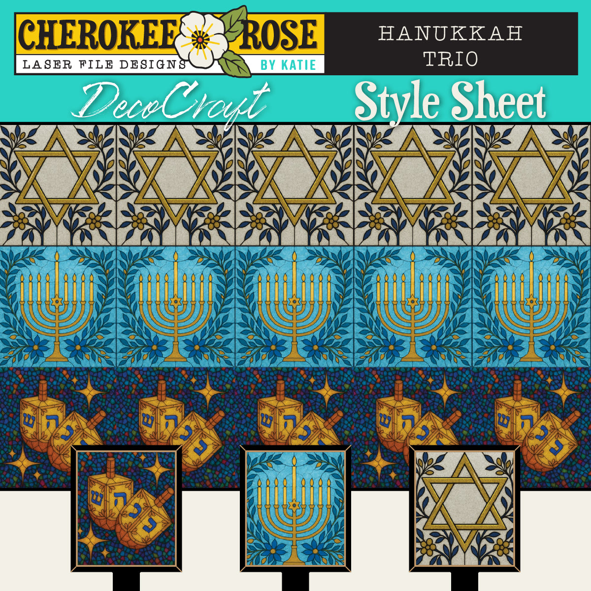 DecoCraft - Elevated Texture - Cherokee Rose - Realistic Stained Glass - Hanukkah Trio