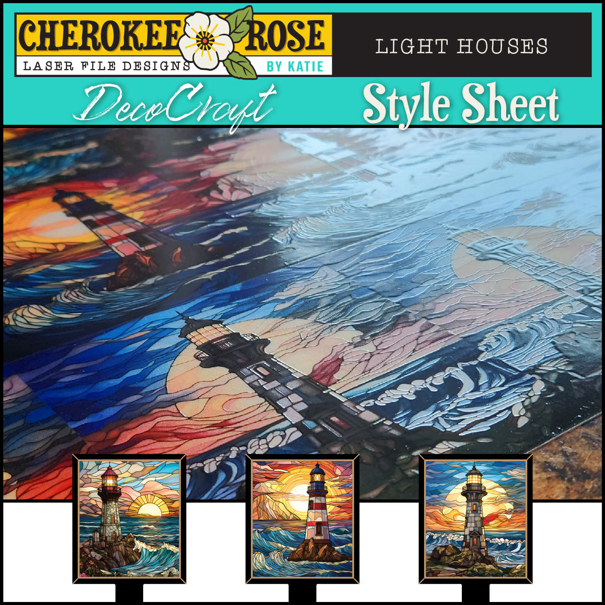 DecoCraft - Elevated Texture - Cherokee Rose - Realistic Stained Glass - Lighthouses