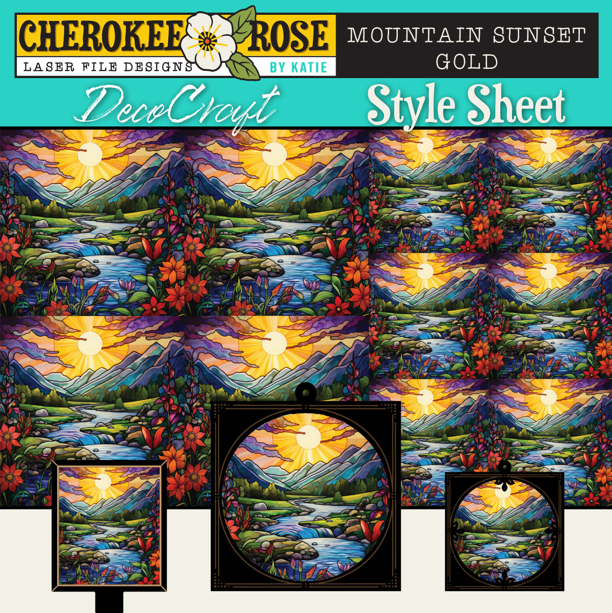 DecoCraft - Elevated Texture - Cherokee Rose - Realistic Stained Glass - Mountain Sunset - Gold