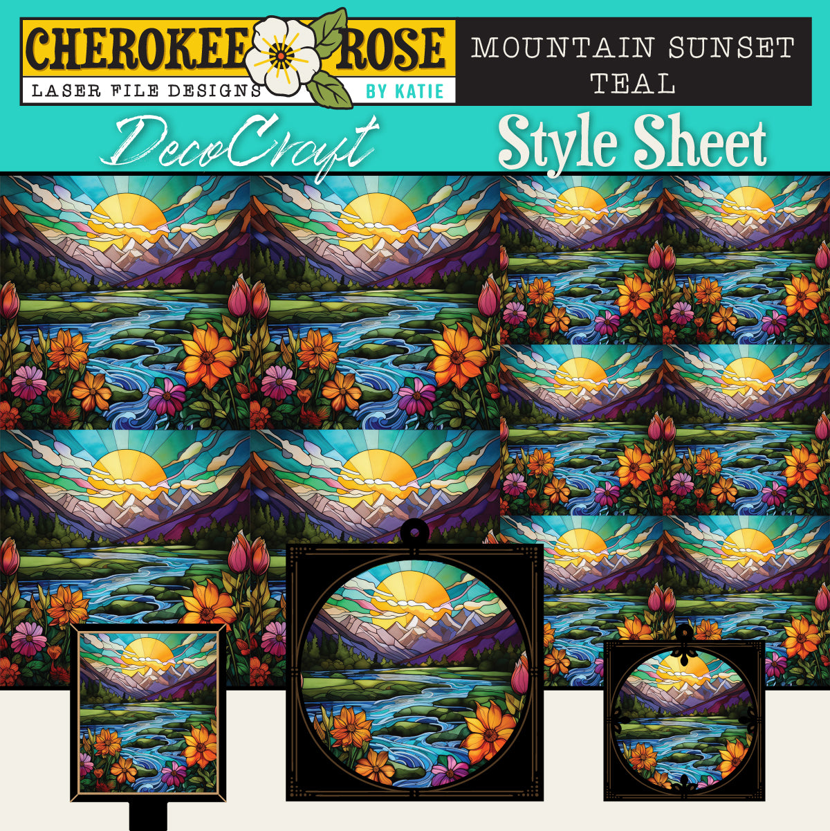 DecoCraft - Elevated Texture - Cherokee Rose - Realistic Stained Glass - Mountain Sunset - Teal
