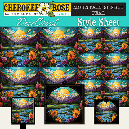 DecoCraft - Elevated Texture - Cherokee Rose - Realistic Stained Glass - Mountain Sunset - Teal