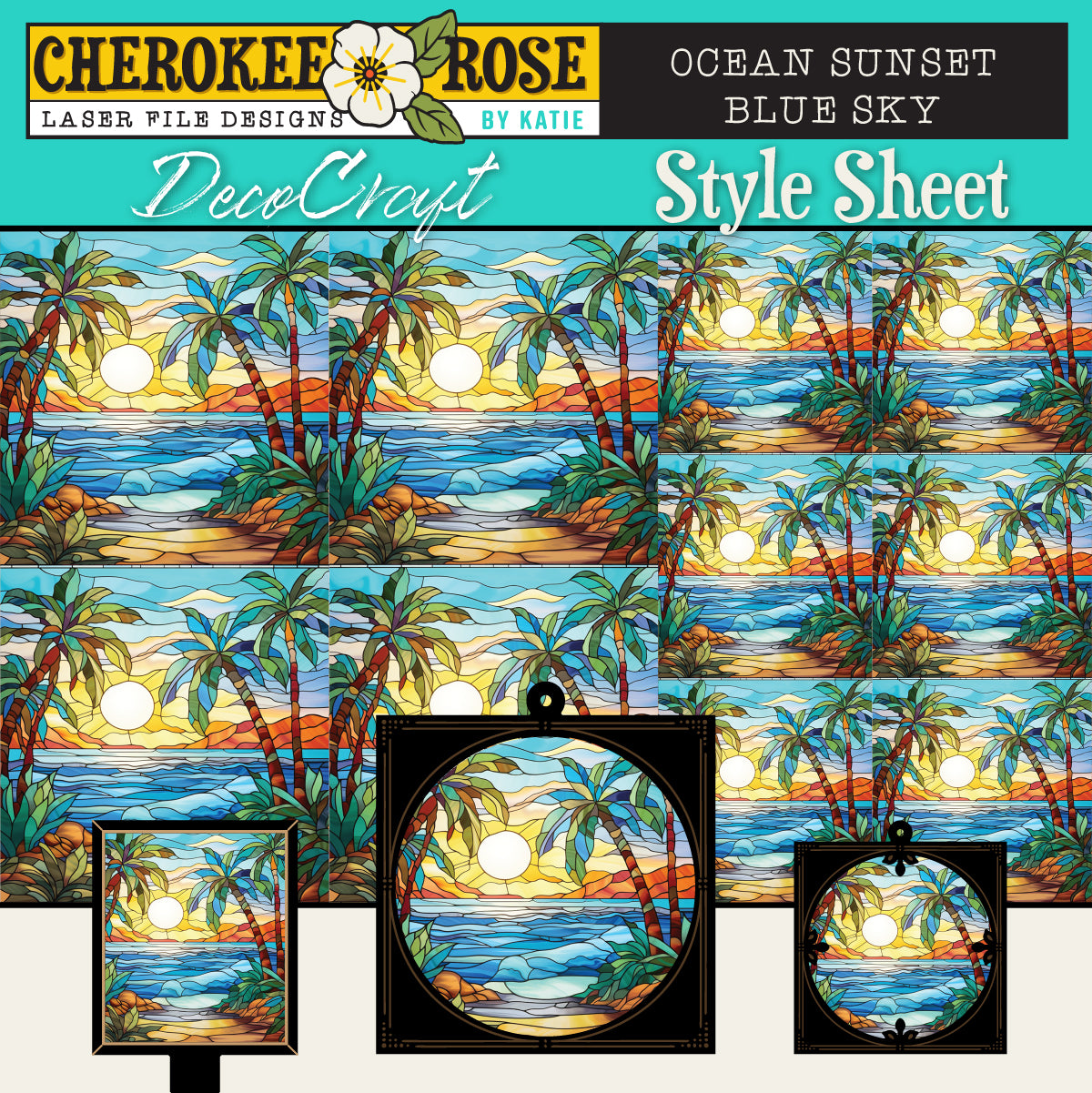 DecoCraft - Elevated Texture - Cherokee Rose - Realistic Stained Glass - Ocean Sunset - Blue Sky