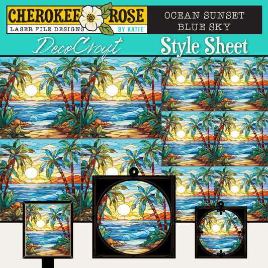 DecoCraft - Elevated Texture - Cherokee Rose - Realistic Stained Glass - Ocean Sunset - Blue Sky