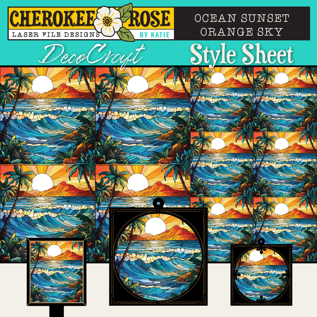DecoCraft - Elevated Texture - Cherokee Rose - Realistic Stained Glass - Ocean Sunset - Orange Sky