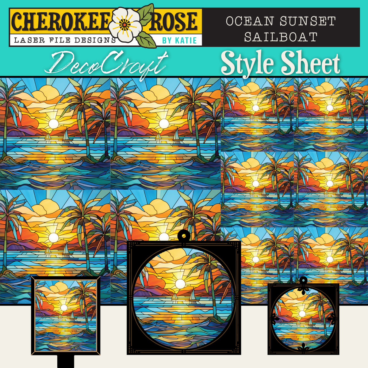 DecoCraft - Elevated Texture - Cherokee Rose - Realistic Stained Glass - Ocean Sunset - Sailboats