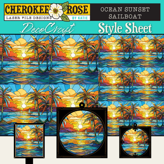 DecoCraft - Elevated Texture - Cherokee Rose - Realistic Stained Glass - Ocean Sunset - Sailboats